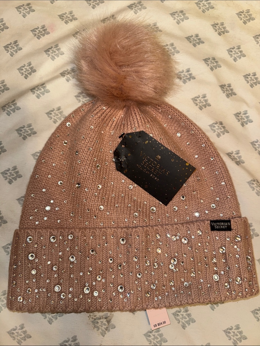 Victoria's Secret Rose Pink Sequin Pom Knit Beanie
